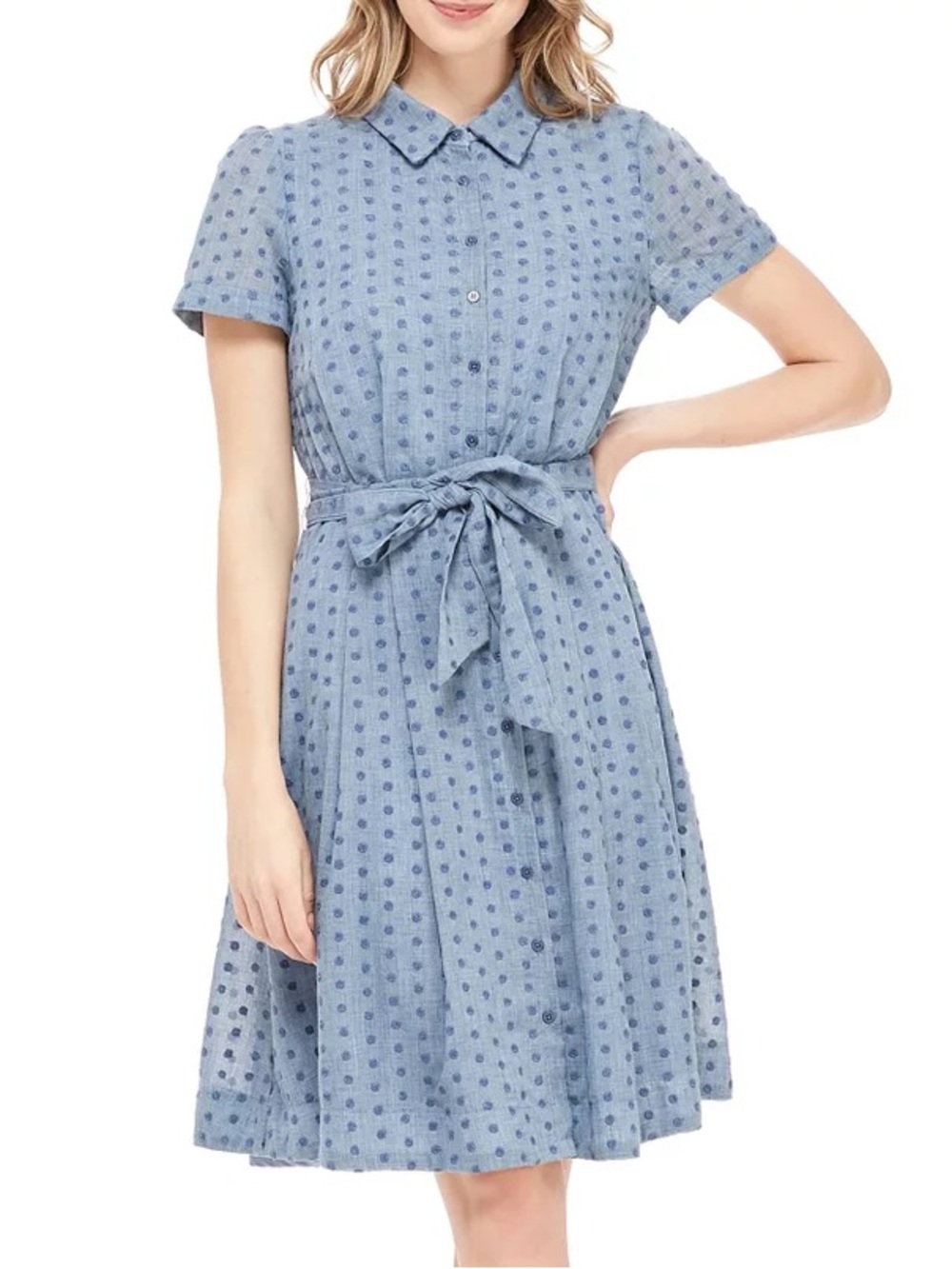 Gal Meets Glam Rose Dress Summer Blue Polka Dot Belted Shirtdress Size 4